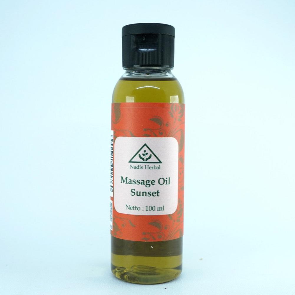 masažo aliejus su 'Sunset' kanangų, levandų, sandalmedžio, vetiverijų aliejais Nadis Herbal